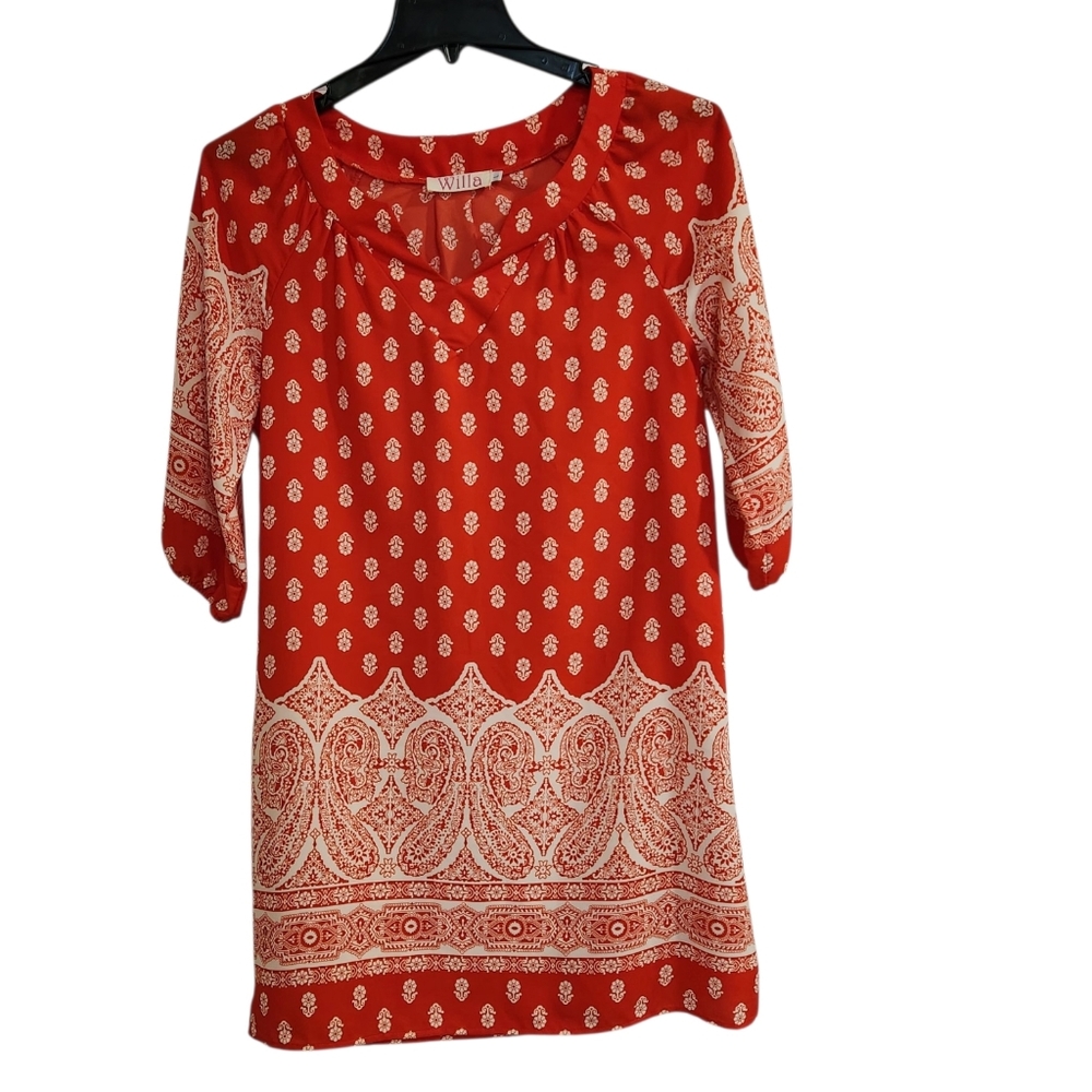 Willa Mini Shift Dress Size L Geometric Floral Orange 3/4 Sleeve Made in USA